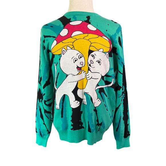 RipNDip Lord Nermal Cat Mushroom Graphic Sweater Green Knit Pullover Size M - Picture 1 of 7